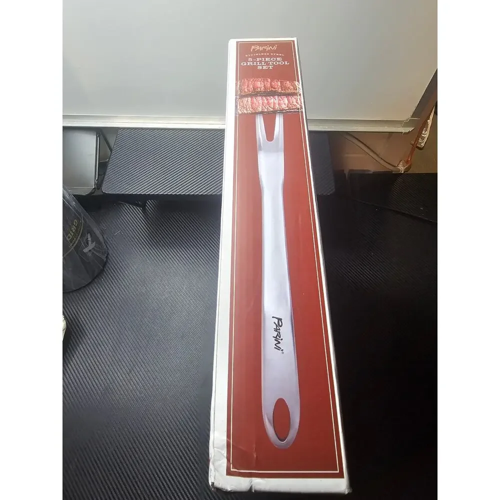 PARINI 5 PIECE GRILL TOOL SET - TONGS, FORK, SPATULA, BASTING & CLEANING BRUSH
